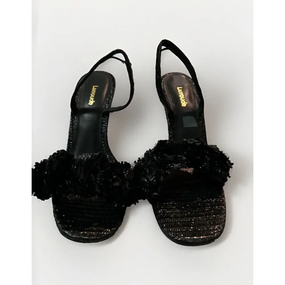 LARROUDE Marilyn Strappy Sandals Size 9.5 Black Raffia Leather‎ $330 Pom Poms